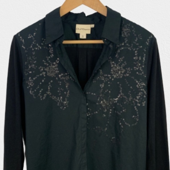 PURE DKNY top black sequin long sleeve button down shirt medium - Picture 1 of 8